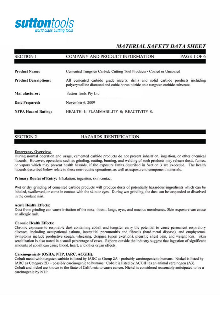 Material Safety Data Sheets Sutton Tools